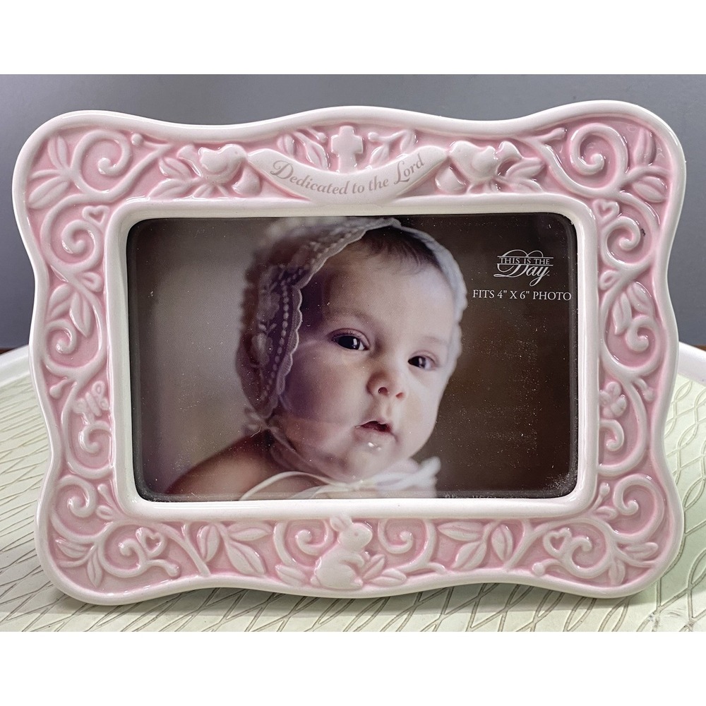 Enesco Dedicated to‎ the Lord Pink Ceramic Baby Christening Picture Frame 4"X6"